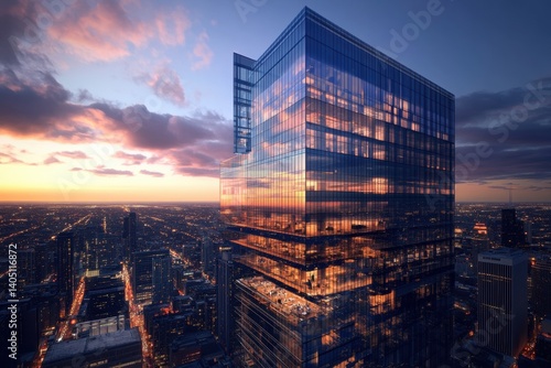 Modern skyscraper at dusk, overlooking a cityscape.