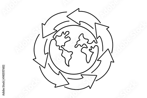 Earth globe continuous one line art with black and white background