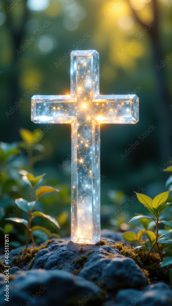 A glowing cross amidst nature. A glowing cross amidst nature.