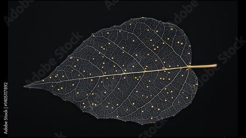 A black leaf with yellow spots against a black background.