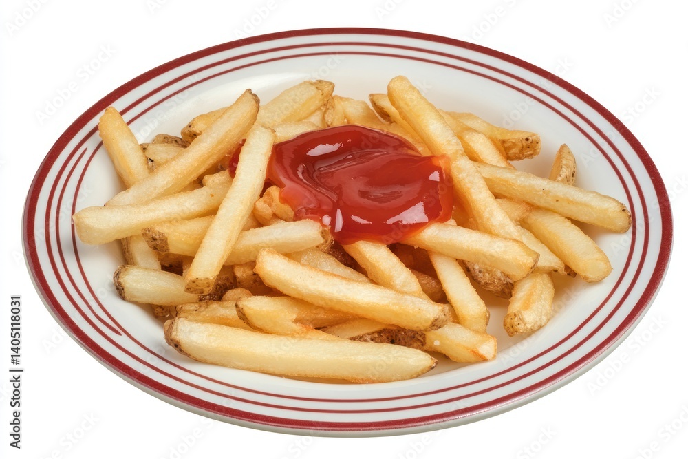 Top-down view of American French fries with ketchup on a plate, creating a warm and appetizing atmosphere with ample copy space Top-down view of American French fries with ketchup on a plate, creating a warm and appetizing atmosphere with ample copy space