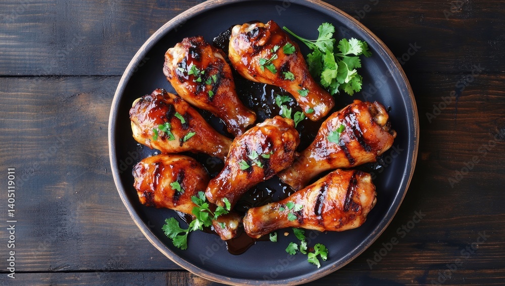 Grilled Chicken Drumsticks Garnished With Fresh Green Herbs On A Plate Grilled Chicken Drumsticks Garnished With Fresh Green Herbs On A Plate