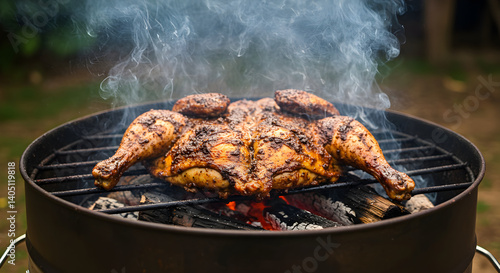 Juicy Spatchcock Chicken Roasting on a Charcoal Grill in Outdoor Setting