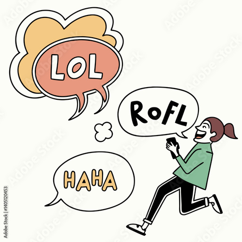 Minimal vector set of funny comic-style speech bubbles with text like LOL, ROFL, Haha, for International Joke Day