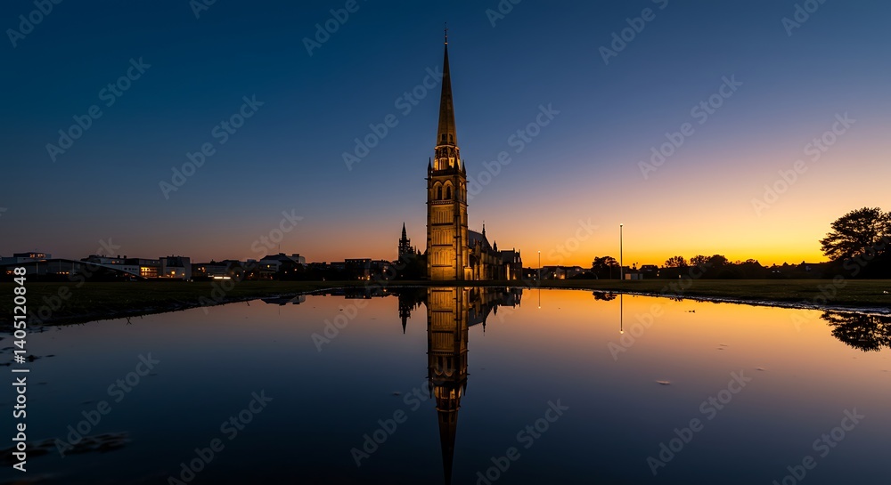 Obraz premium Cathedral Reflection in Water Puddle at Dusk with Clear Sky