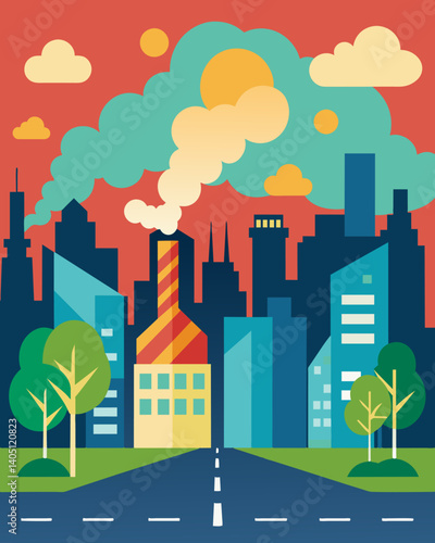 A street mural depicting a polluted city skyline with a call to action to reduce carbon emissions and combat climate change.. Vector illustration