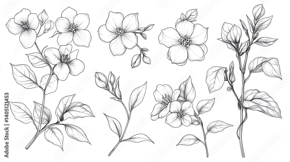 Detailed vector artwork of jasmine flowers with intricate petal and leaf design image Detailed vector artwork of jasmine flowers with intricate petal and leaf design image