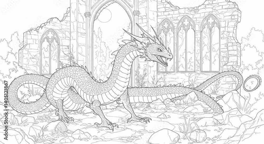 Naklejka premium Basilisk Slithering Through Ruined Castle Line Art