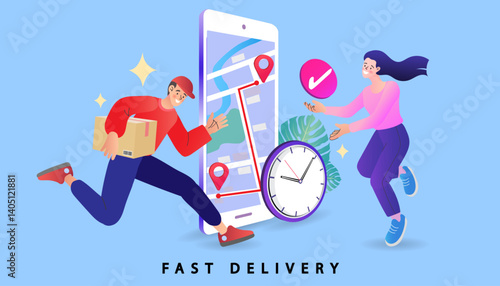 Delivery people running with parcels and smartphone screen showing delivery route. Represents online order tracking, courier service, and fast e-commerce logistics. Vector, illustration and flat .