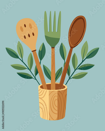 A set of wooden utensils carved from reclaimed olive tree branches adding a touch of earthiness to any kitchen.. Vector illustration