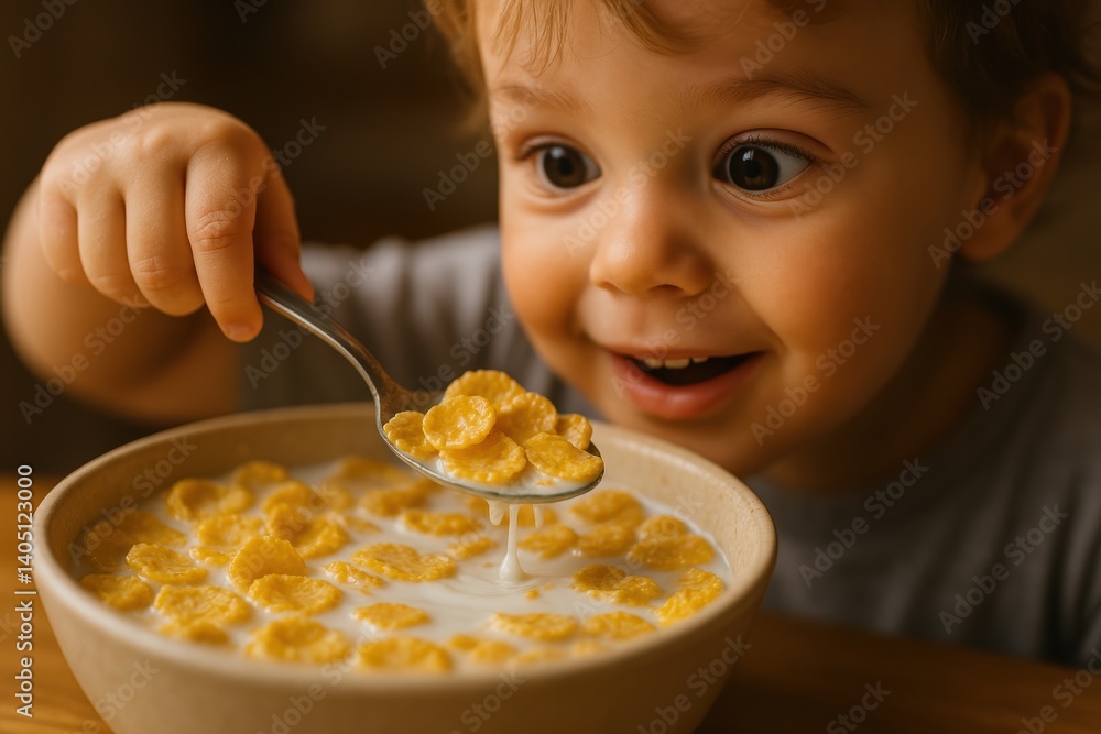 Excited child enjoying breakfast cereal in milk Excited child enjoying breakfast cereal in milk