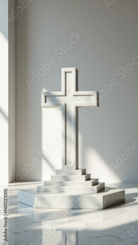 Cross on a pedestal with sunlight streaming through windows.