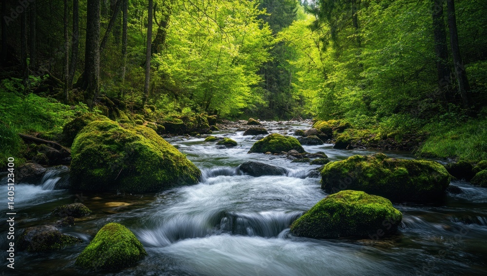 A flowing river surrounded by lush green forest scenery A flowing river surrounded by lush green forest scenery