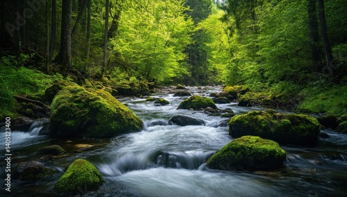 A flowing river surrounded by lush green forest scenery