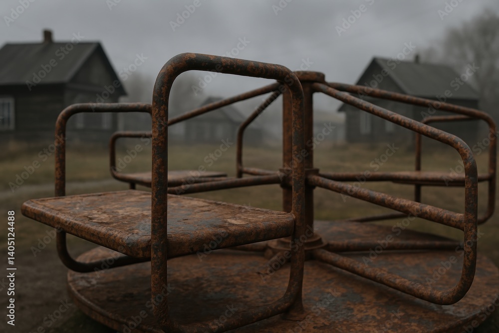Rusty abandoned carousel in foggy rural village setting Rusty abandoned carousel in foggy rural village setting