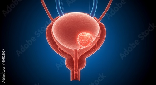 Detailed medical illustration of a human bladder with a prostate tumor growth