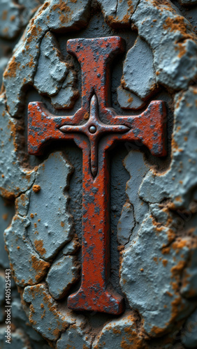 A cross symbol etched into a rusted metal surface.