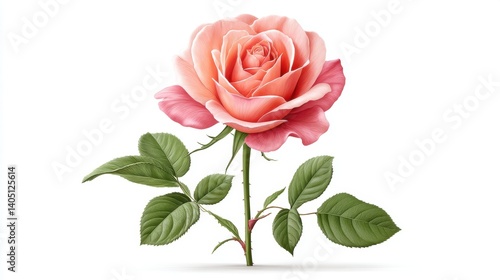 A beautiful pink rose with lush green leaves, symbolizing love and elegance, displayed against a clean, white background.