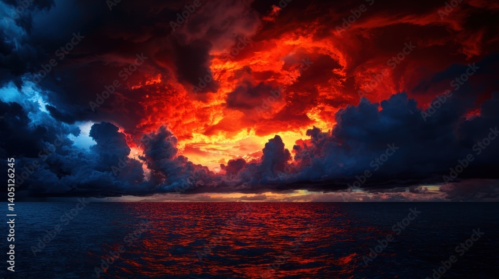 A dramatic sunset over the ocean, with vibrant orange and red hues contrasting against the dark blue sky.