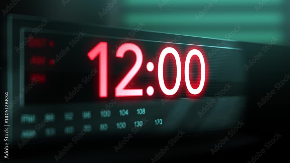 Camera pans across old digital clock as time arrives at 12 AM