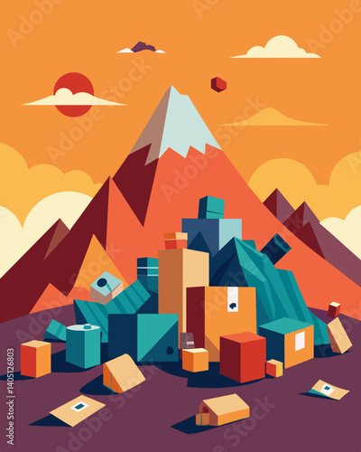 A surreal landscape of oversized packaging and discarded items forming a seemingly neverending mountain range.. Vector illustration