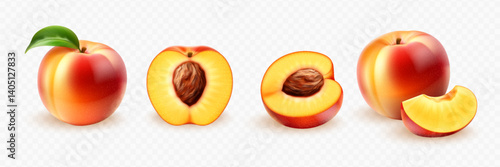  Collection of realistic peaches whole, halves and pieces with green leaves on transparent background. Fresh, juicy, ripe fruit set.