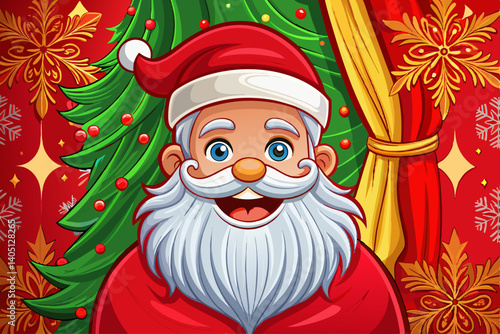 vector of Santa Claus happily looks out from the red wallpaper.