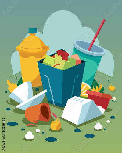 Leftover takeout containers uneaten and discarded ending up in a landfill.. Vector illustration