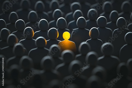 Crowd of dark figures with one figure highlighted in yellow light.
