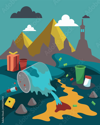 A vile mixture of rotting garbage and chemical runoff seeping from a neglected landfill creating a hazardous environment for all living creatures.. Vector illustration