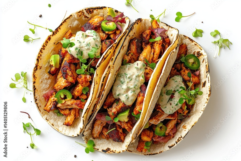 Delicious Chicken Tacos with Creamy Sauce Microgreens and Avocado Delicious Chicken Tacos with Creamy Sauce Microgreens and Avocado