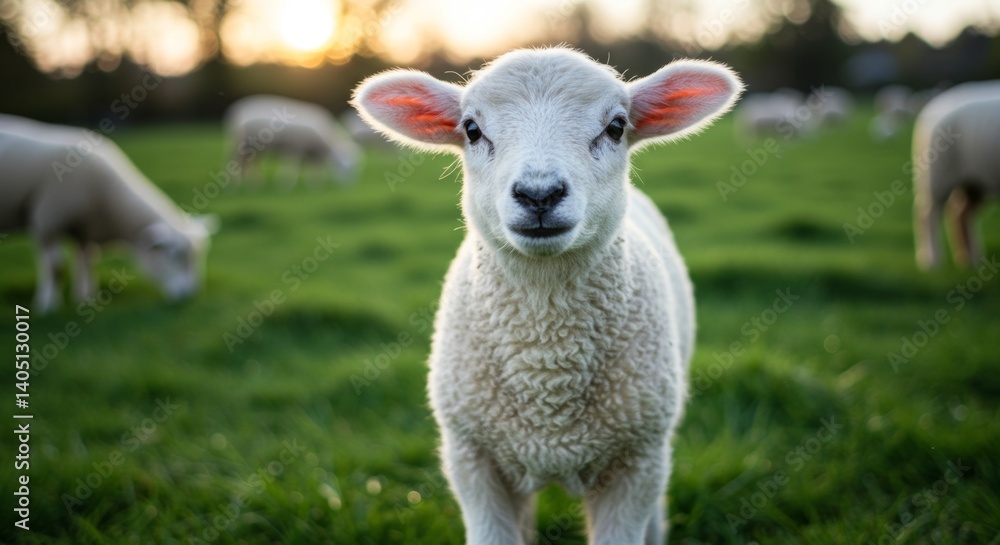 Inquisitive Lamb Gazing Directly at the Viewer in a Meadow at Sunset Inquisitive Lamb Gazing Directly at the Viewer in a Meadow at Sunset