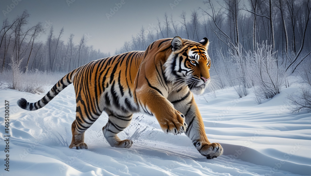 Obraz premium Tiger in a snow on winter background. New Year card