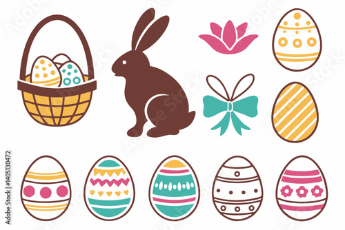 Easter Icons Vector Set – Colorful Eggs, Bunny, Flowers, and Spring Holiday Elements