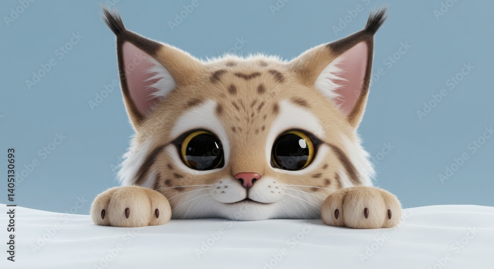 Fototapeta premium Adorable Cartoon Lynx Cub Peeking Over a White Surface with Big Eyes