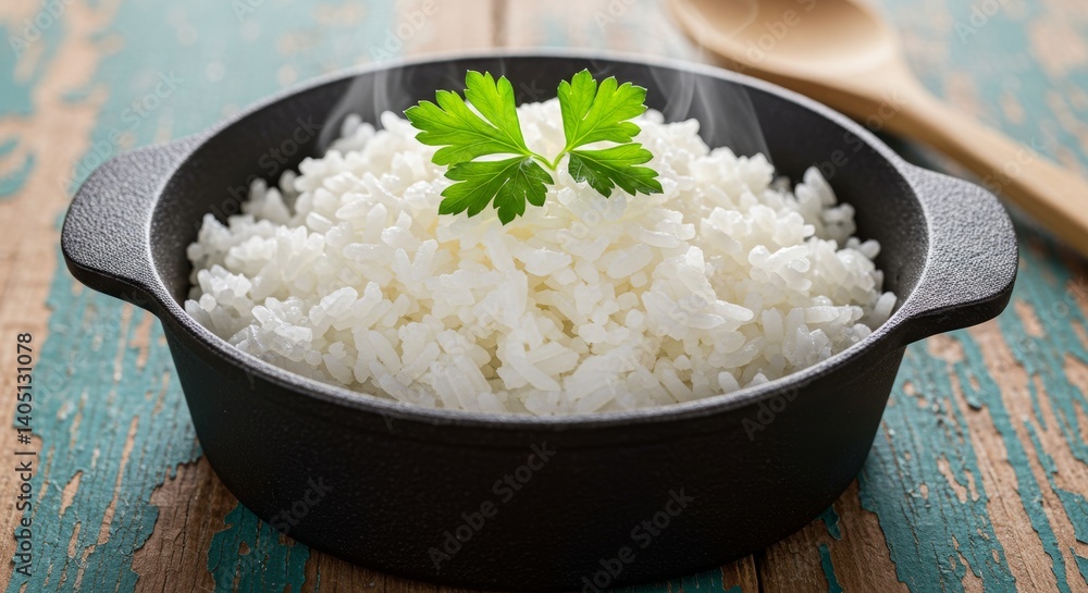 Steaming White Rice in Cast Iron Bowl Garnished with Parsley on Rustic Surface Steaming White Rice in Cast Iron Bowl Garnished with Parsley on Rustic Surface