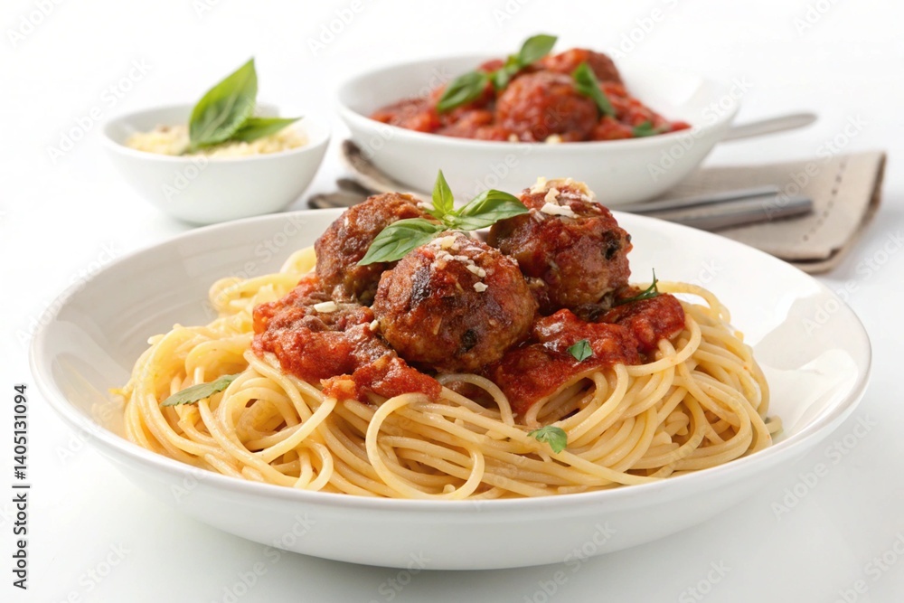Italian spaghetti dish with tomato sauce and basil
