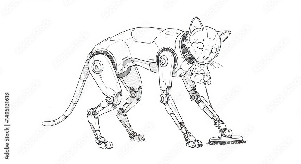 Fototapeta premium Robotic Cat with Hydraulic Legs Performing Self-Maintenance