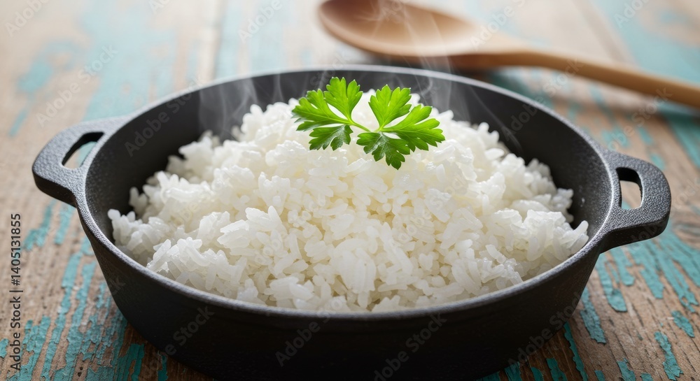 Aromatic Steaming White Rice in Cast Iron Bowl Garnished with Parsley on Rustic Surface Aromatic Steaming White Rice in Cast Iron Bowl Garnished with Parsley on Rustic Surface