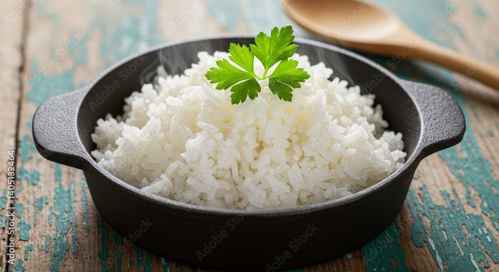 Steaming bowl of fluffy white rice garnished with parsley on rustic wood Steaming bowl of fluffy white rice garnished with parsley on rustic wood