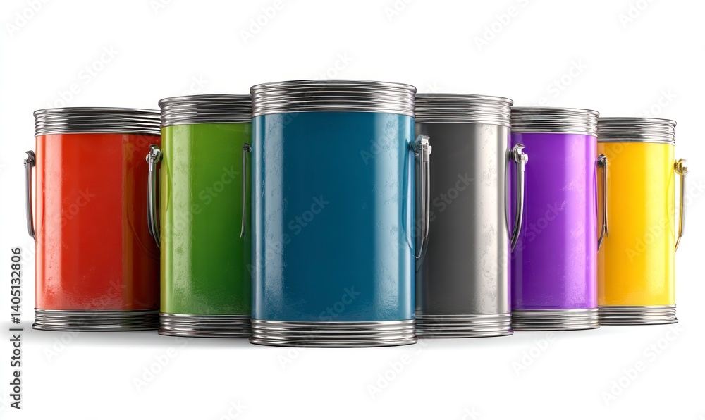 Colorful Paint Cans Row Representing Creativity and Home Renovation Projects Colorful Paint Cans Row Representing Creativity and Home Renovation Projects