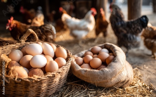 Fresh Chicken Eggs in Wicker Basket and Burlap Sack at Farm