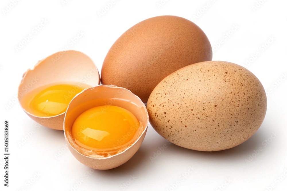 Isolated brown and white chicken eggs, a group of three fresh, organic food ingredients with shells on a white background Isolated brown and white chicken eggs, a group of three fresh, organic food ingredients with shells on a white background