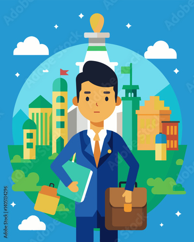 A young professional from a developing country moves to a bustling metropolis in a firstworld nation lured by the promise of higher wages and a more stable economy.. Vector illustration