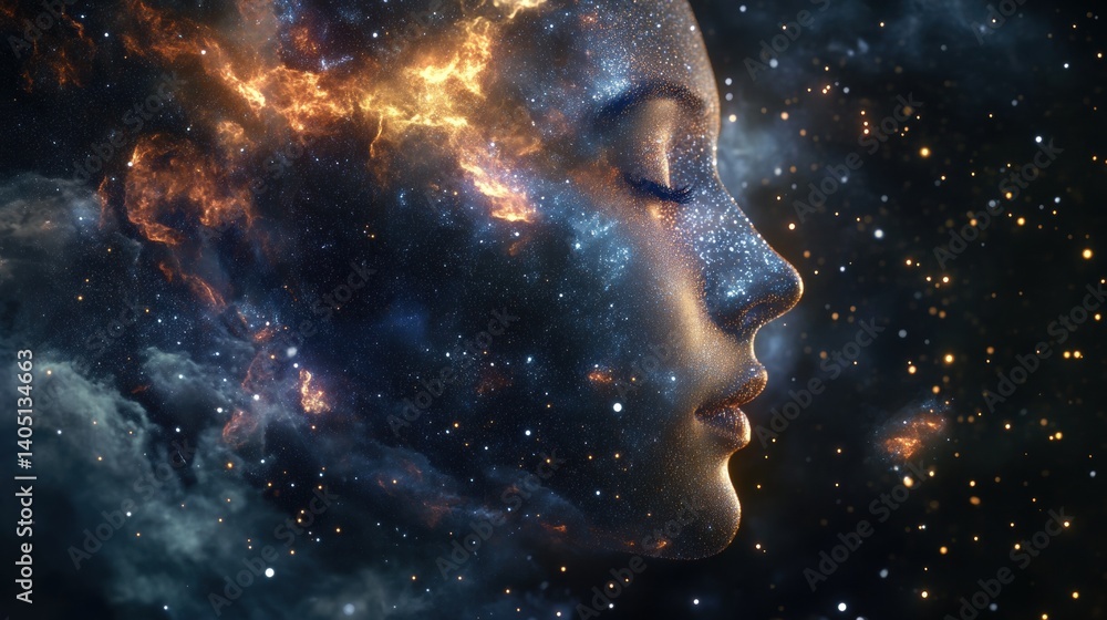 Obraz premium Cosmic woman's ethereal profile, bathed in stardust.