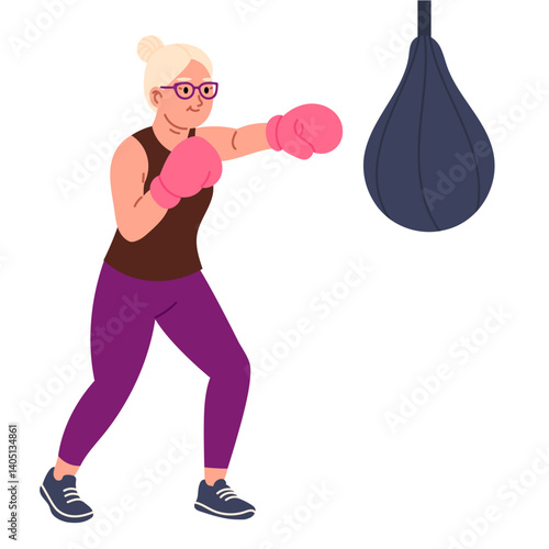 Elderly woman doing boxing workout with gloves. Concept of empowerment, strength, and aging with activity.