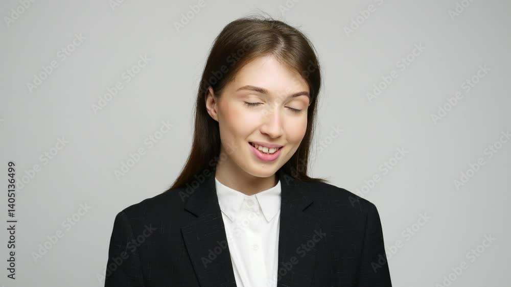 A young woman wearing a sleek suit appears confident and approachable with a warm smile. A young woman wearing a sleek suit appears confident and approachable with a warm smile.
