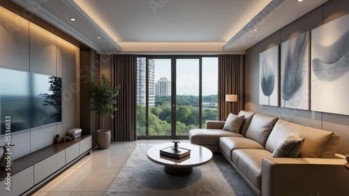 Wallpaper Mural Showcase interior living room with modern art and panoramic windows, luxury condo design Torontodigital.ca