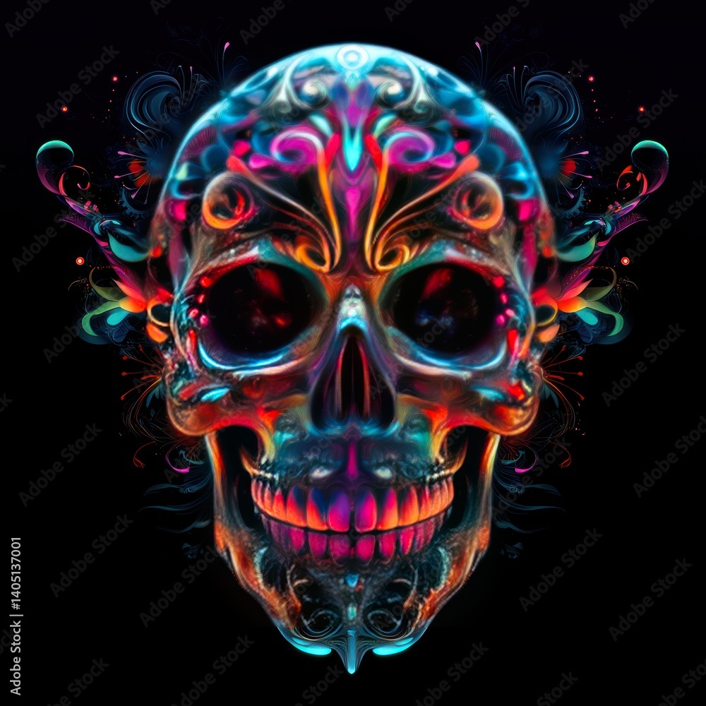 3D colorful digital art of an intricate skull with vibrant colors, dark background 3D colorful digital art of an intricate skull with vibrant colors, dark background