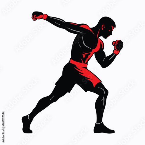 realistic silhouette of a boxer doing warm-up arm swings, full motion posture vector illustration
